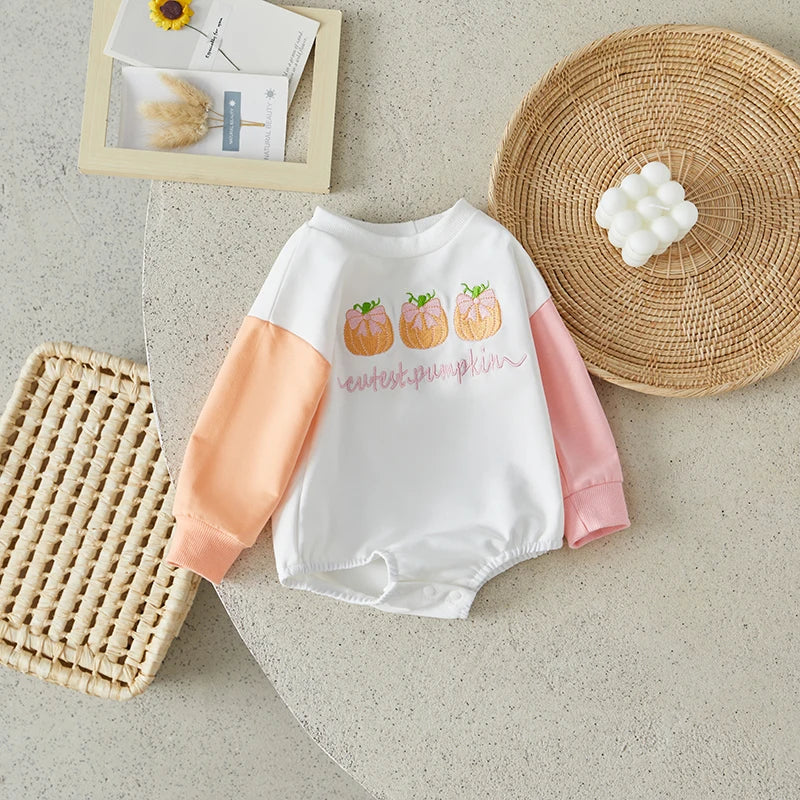 Cutest Pumpkin Bow Embroidery Contrast Romper