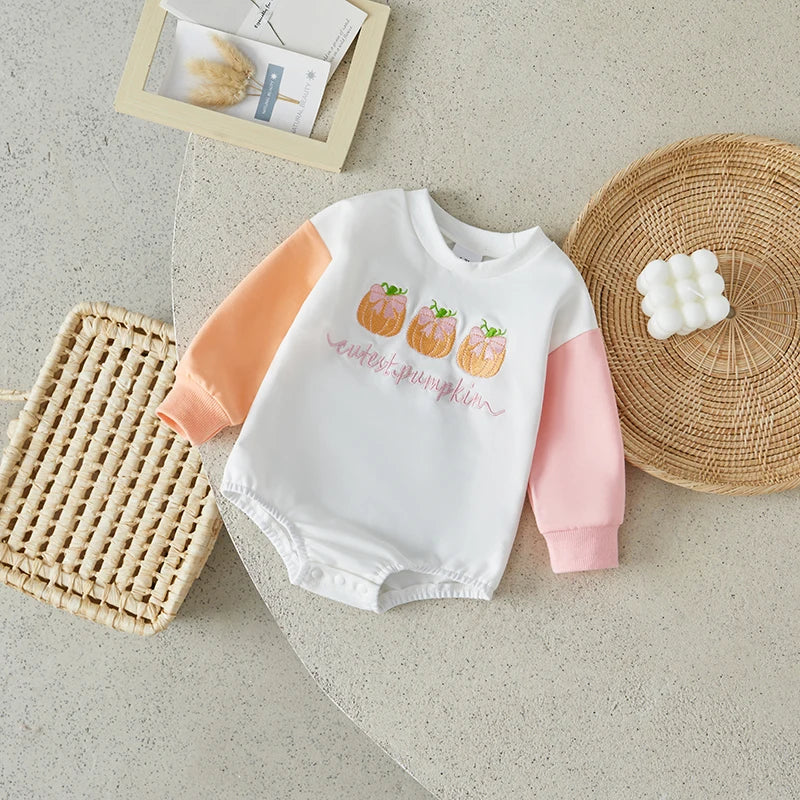 Cutest Pumpkin Bow Embroidery Contrast Romper