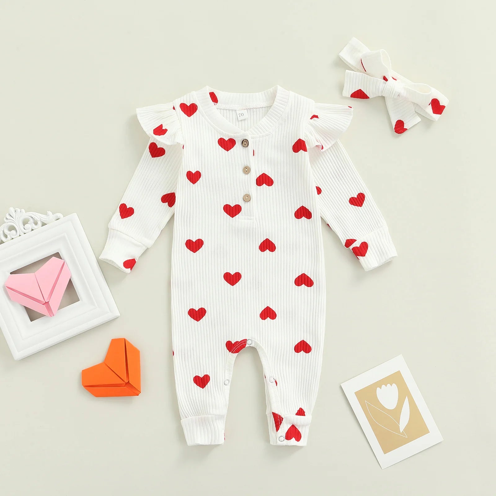 Ribbed Ruffle Heart Print Romper & Headwrap set