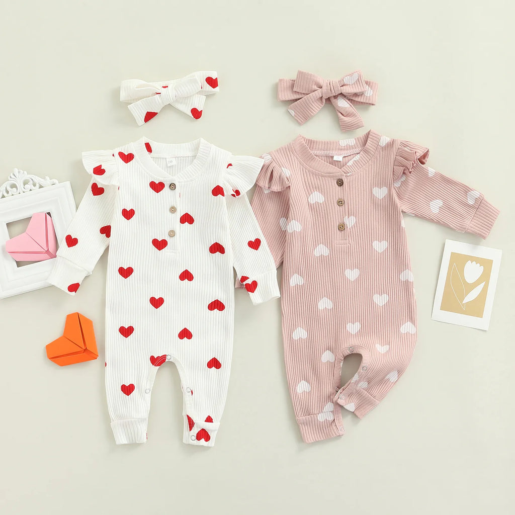 Ribbed Ruffle Heart Print Romper & Headwrap set