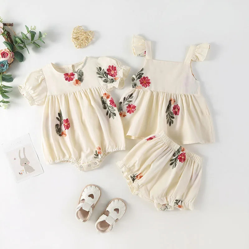 Floral Embroidery Puff Sleeve Romper / Set