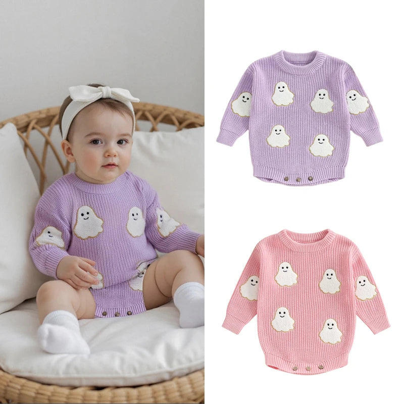 Friendly Ghost Embroidery Knit Romper