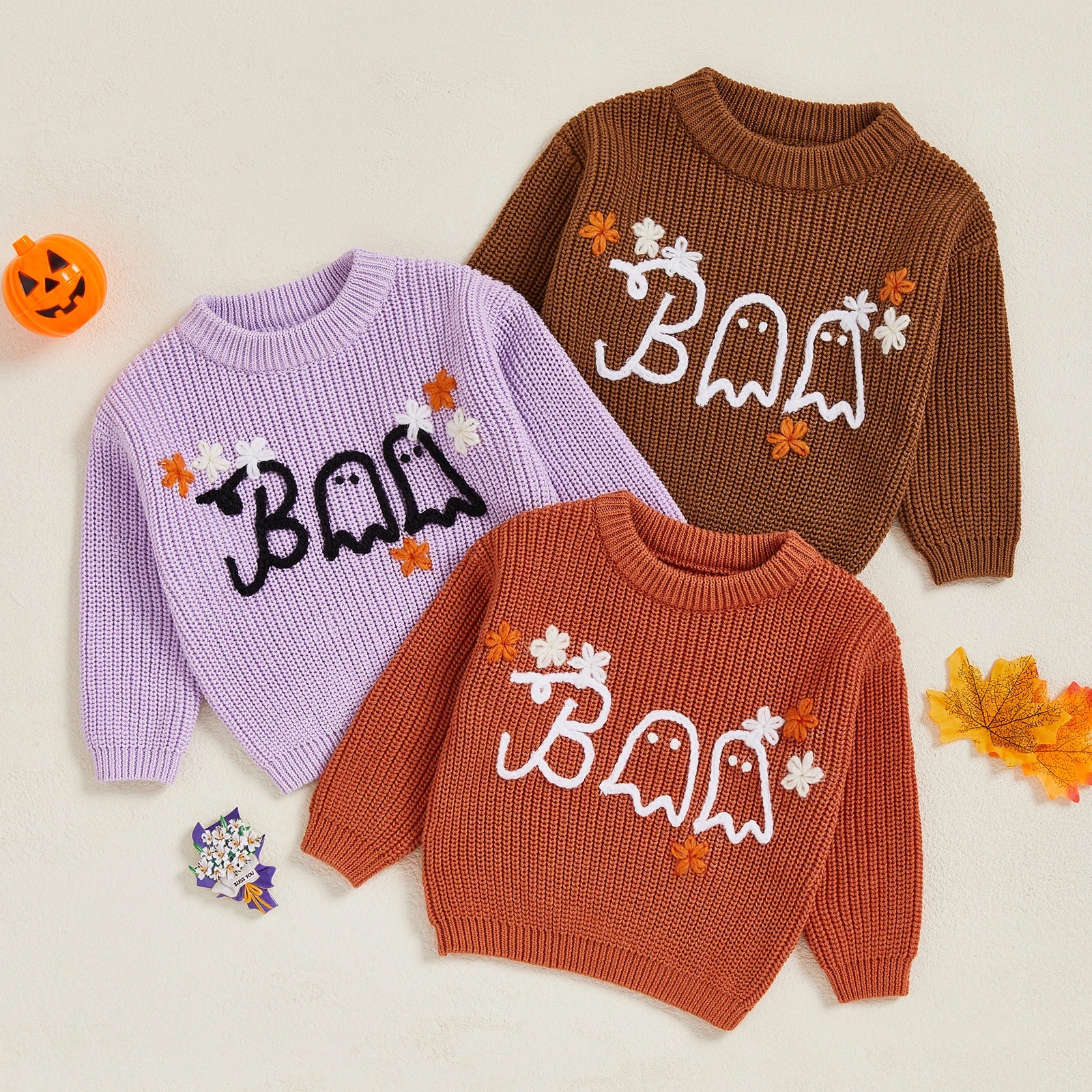 BOO Ghost Flower Embroidered Pullover
