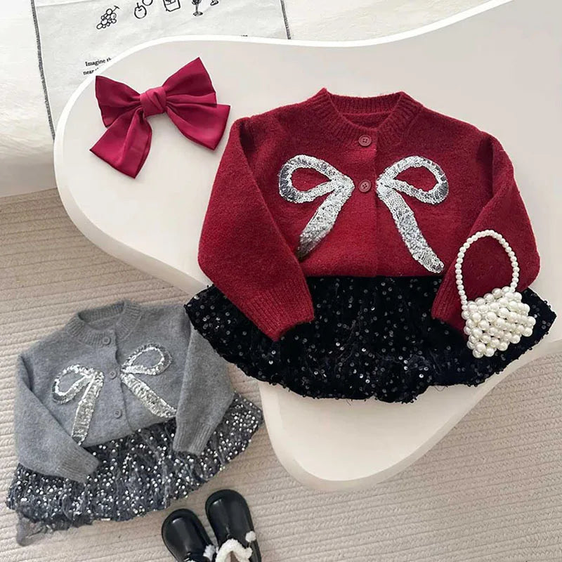 Sequin Bow Cardigan + Sequin Skirt Set