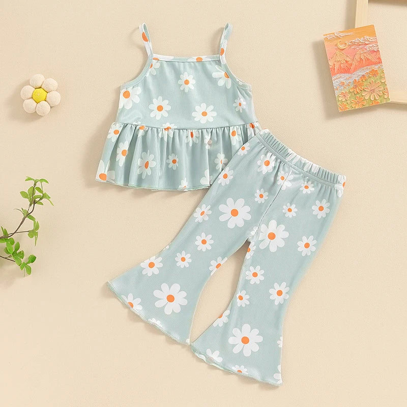 Ribbed Daisy Ruffle Top & Flares Set