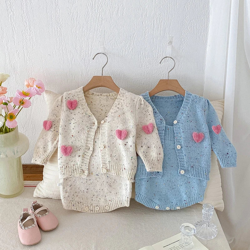 Speckled Knit Romper & Love Heart Cardigan