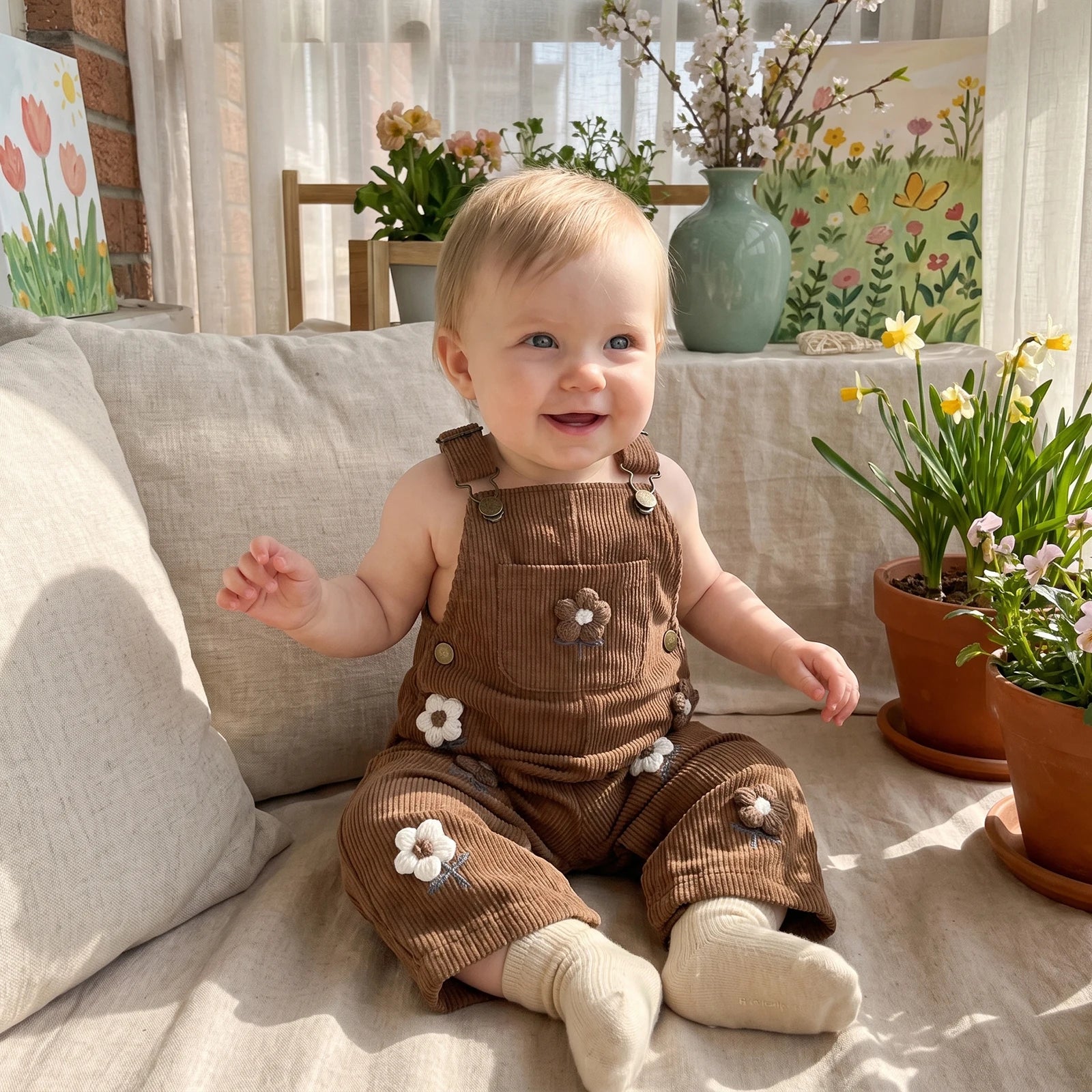 Flower Power Embroidery Corduroy Dungarees