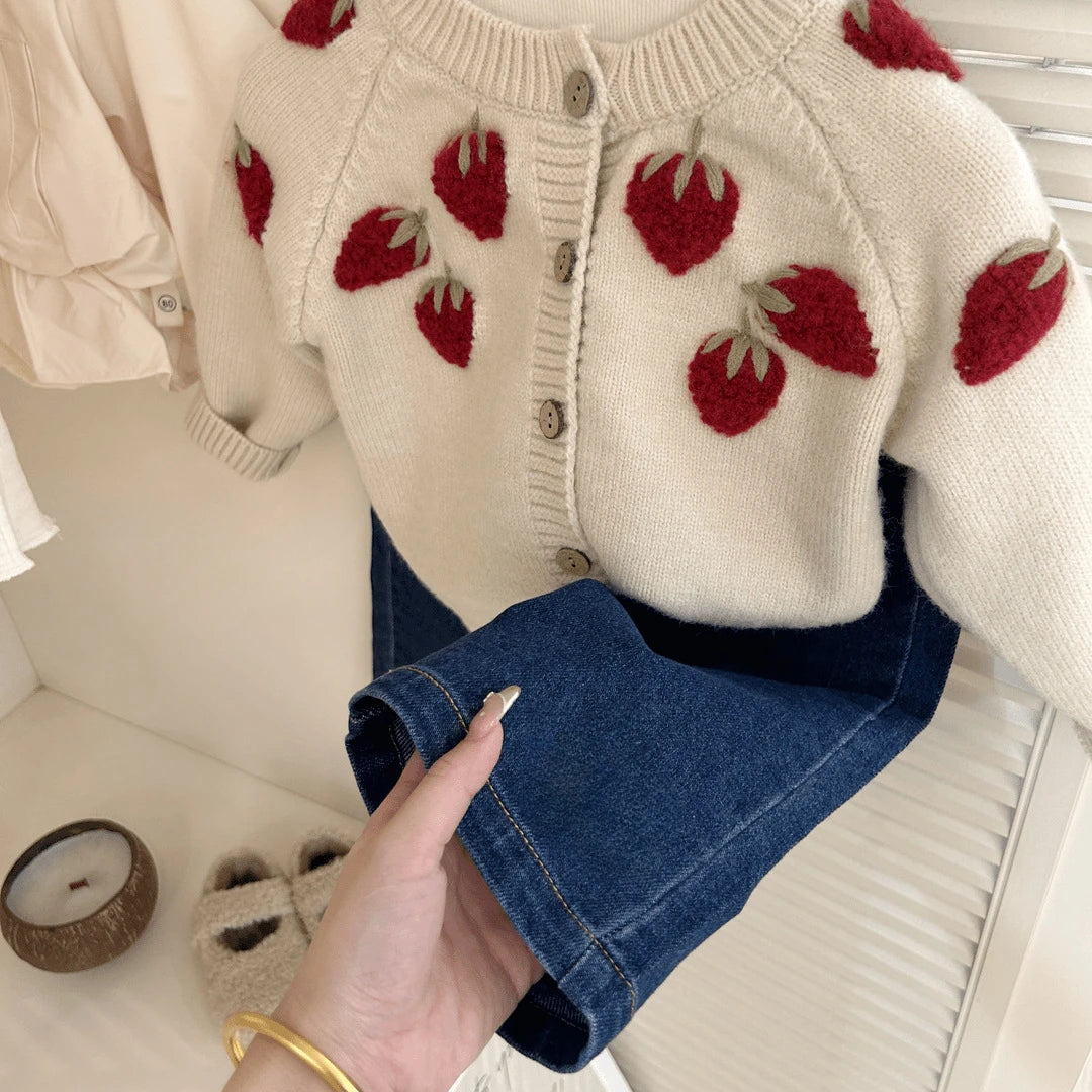 Embroidered 3D Strawberry Cardigan