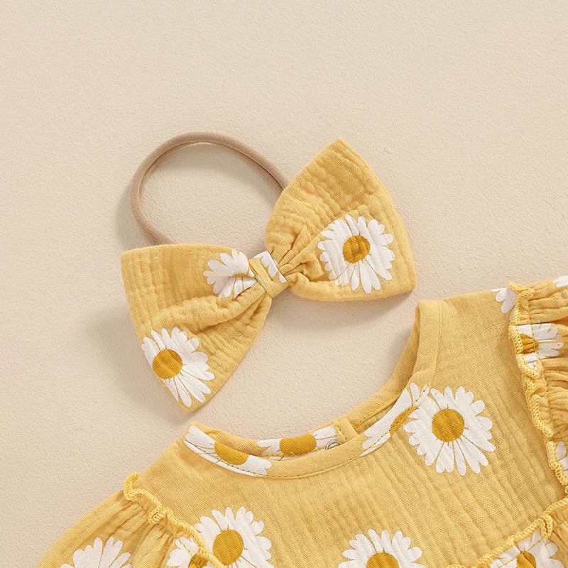 Daisy Print Puff Sleeve Romper & Headband