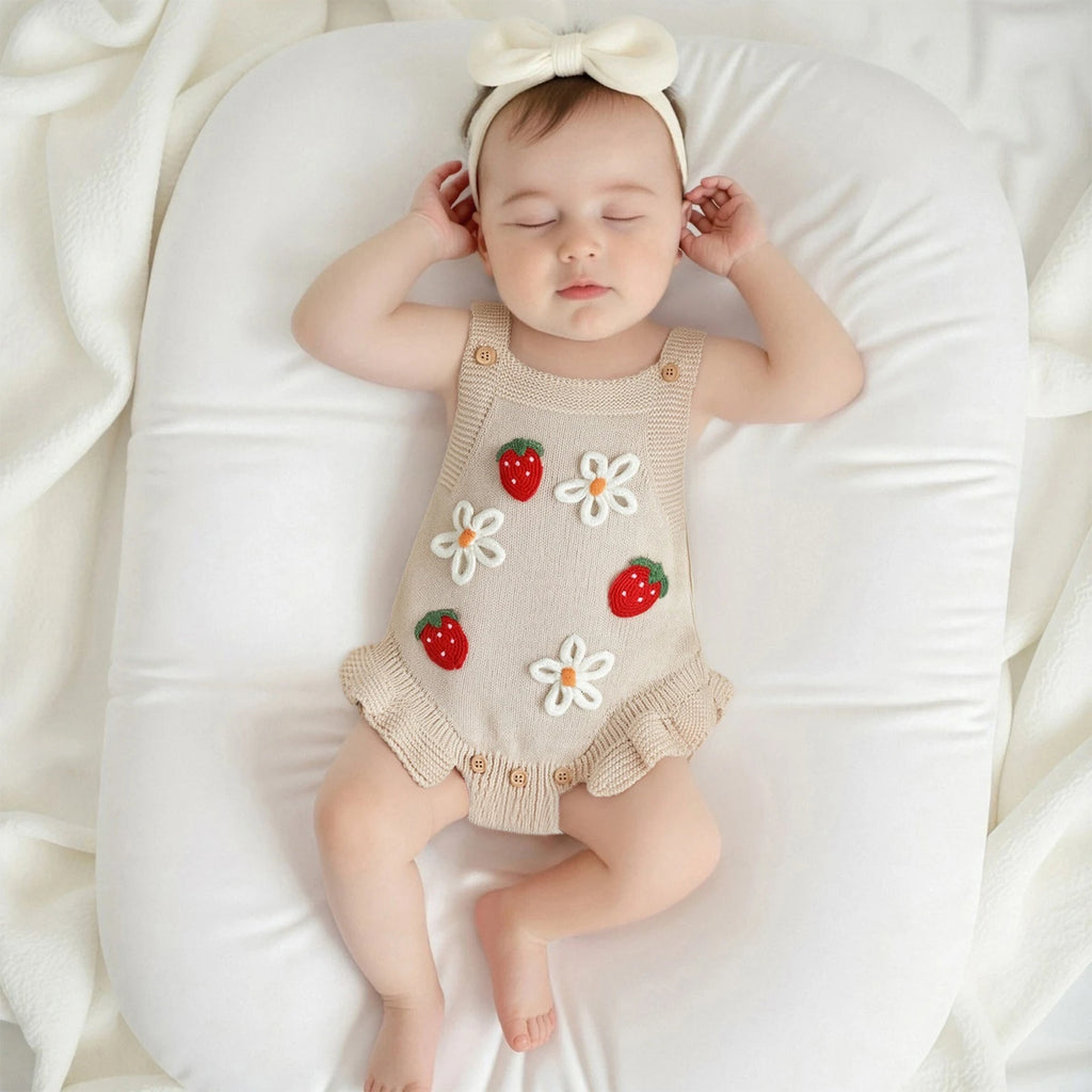 Strawberries & Daisies Embroidered Knit Romper