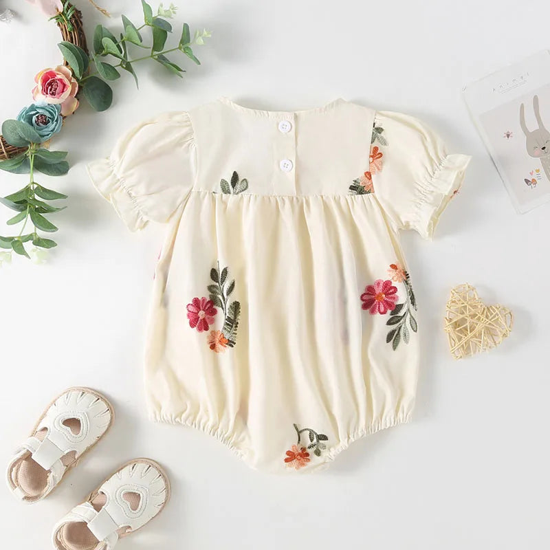 Floral Embroidery Puff Sleeve Romper / Set