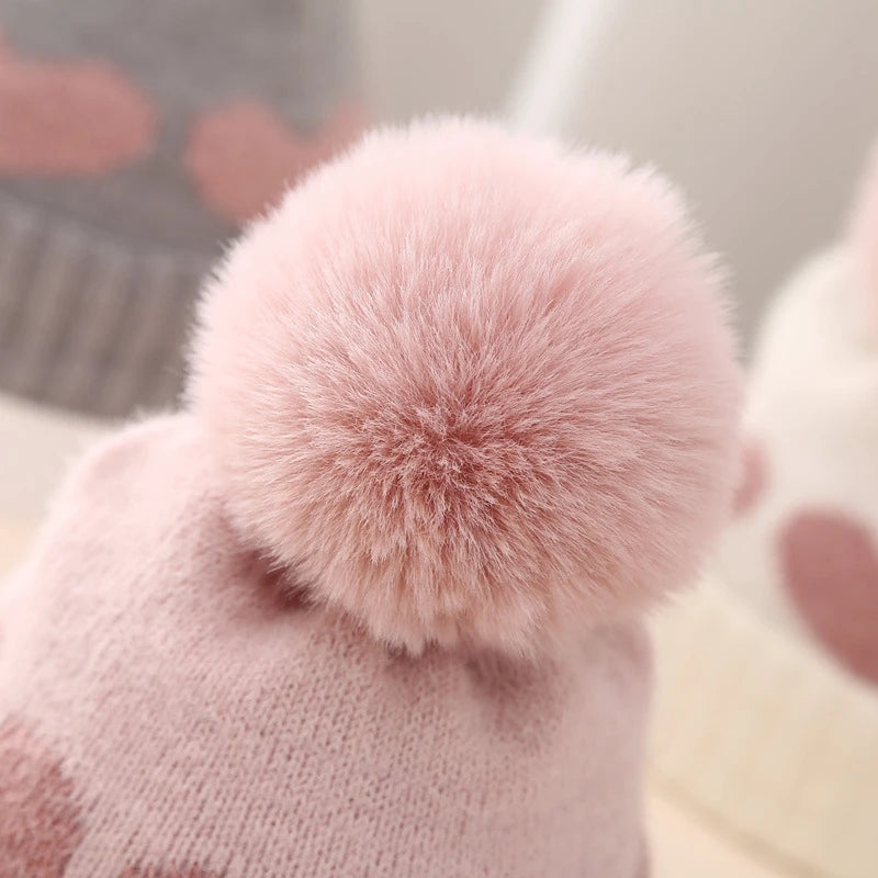 Pom Pom Heart Beanie Hat