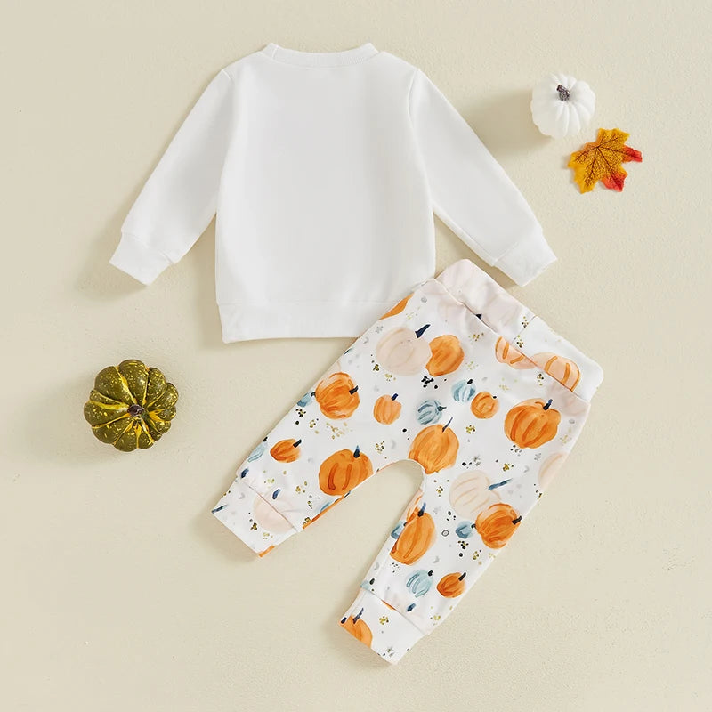 Pumpkin Letter Embroidered Top & Pumpkin Print Trousers Set