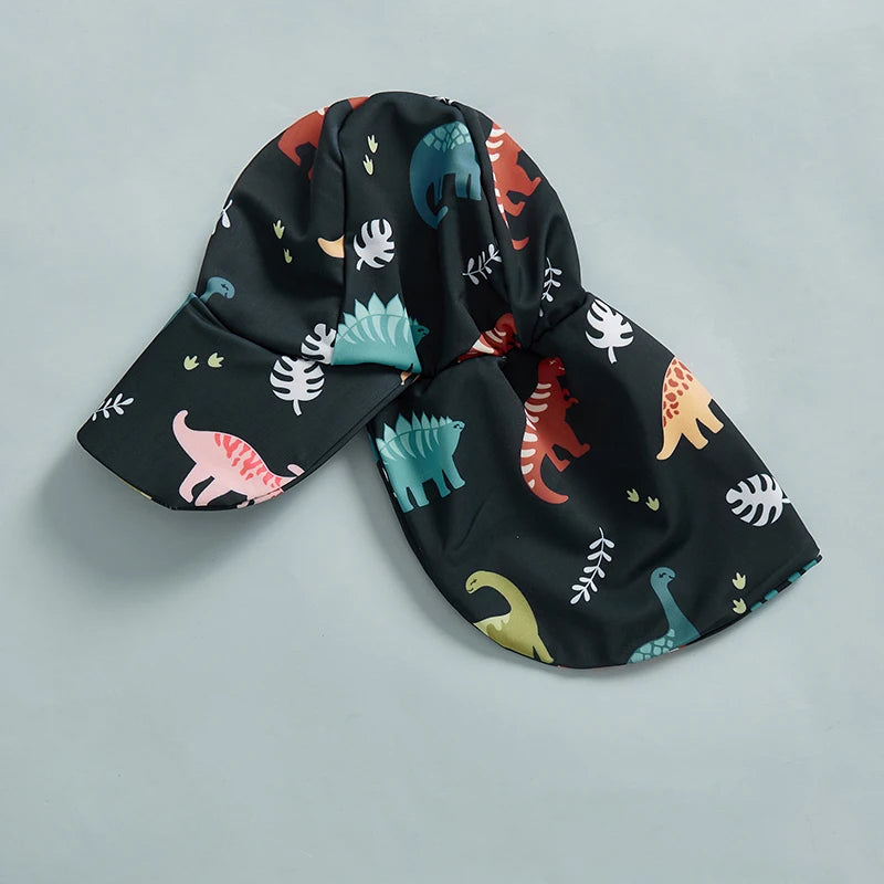 Colourful Dino Print Swimsuit with Hat 2 Piece