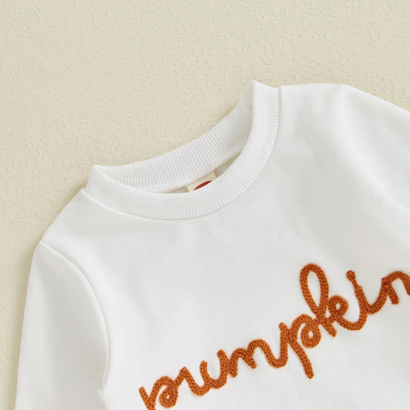 Pumpkin Letter Embroidered Top & Pumpkin Print Trousers Set