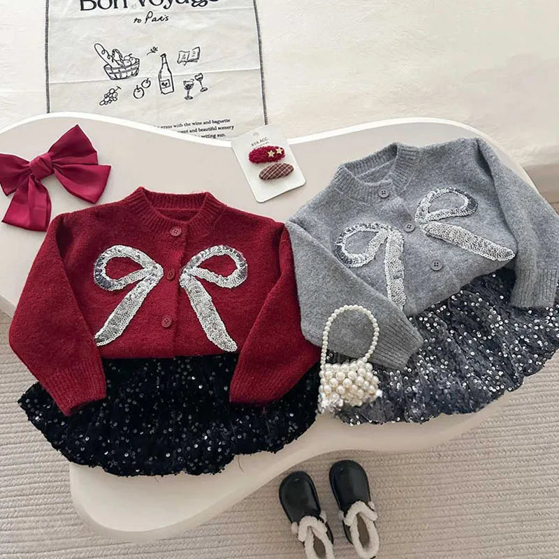 Sequin Bow Cardigan + Sequin Skirt Set