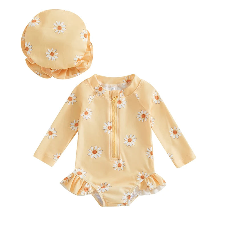 Daisy Print Zip-up Swimsuit and Hat