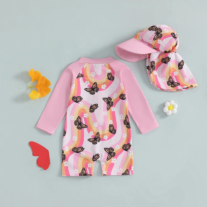 Butterfly Rainbow Print Swimsuit with Hat