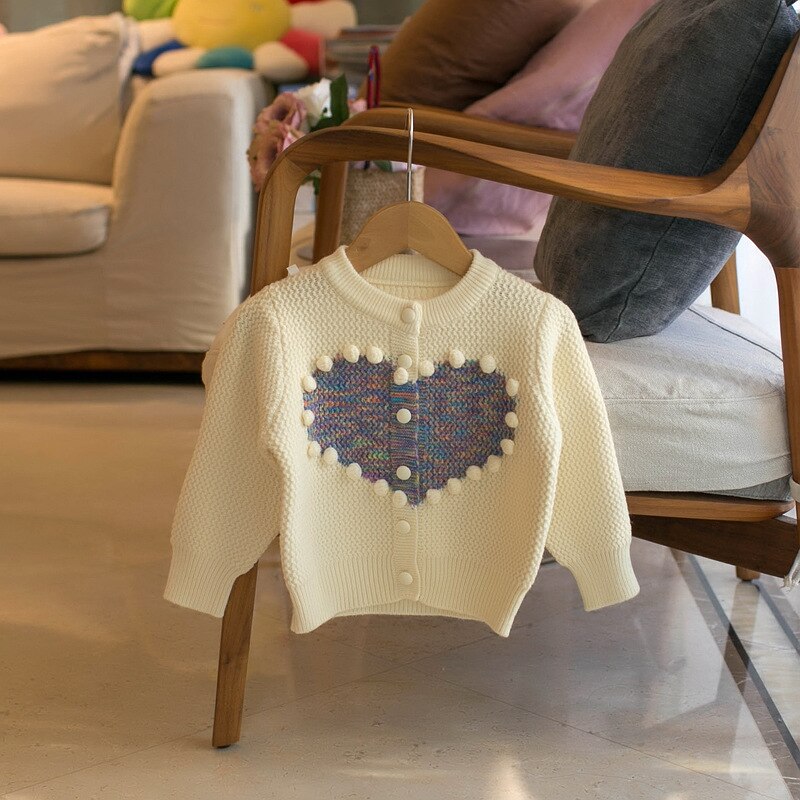 Contrast Pom Pom Heart Knit Cardigan