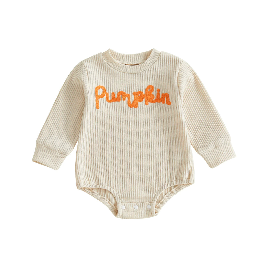 Pumpkin Embroidered Ribbed Romper