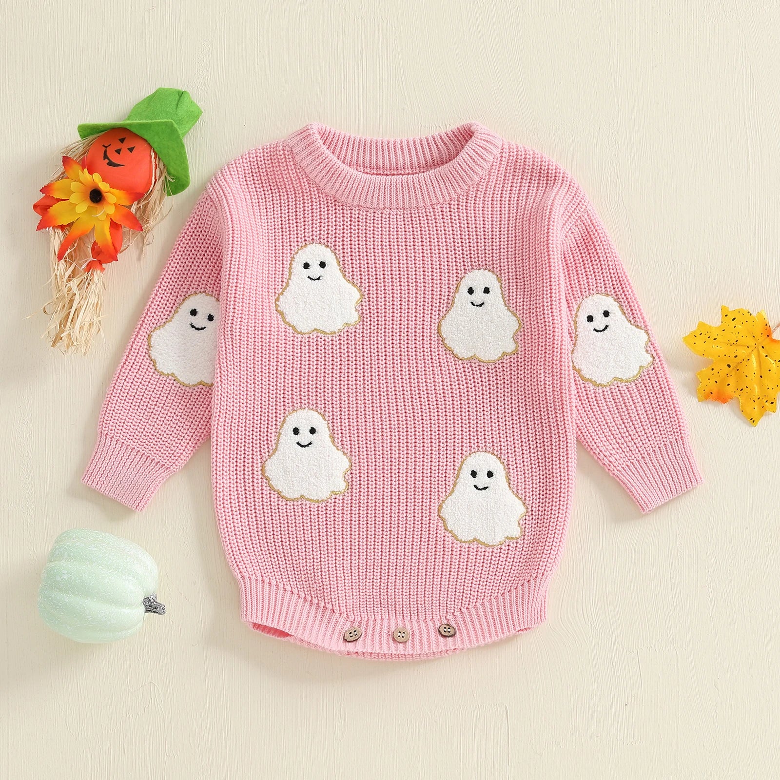 Friendly Ghost Embroidery Knit Romper