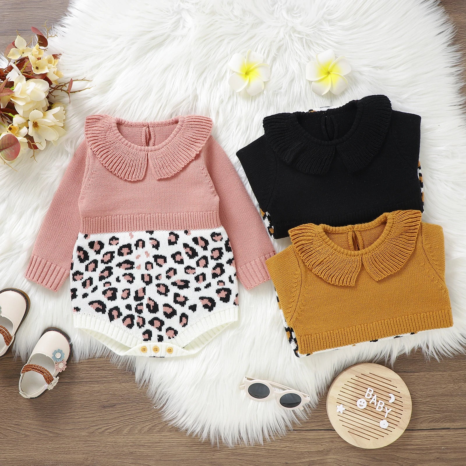 Leopard Print Peter Pan Collar Knit Romper