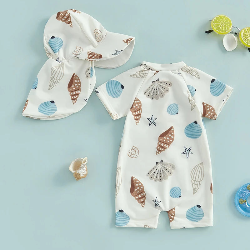 Seashell Print Swimsuit with Hat