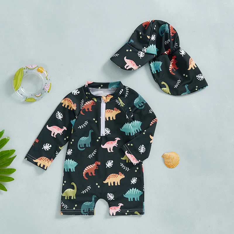 Colourful Dino Print Swimsuit with Hat 2 Piece