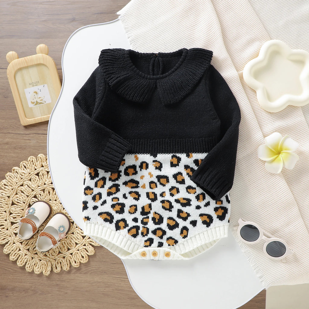 Leopard Print Peter Pan Collar Knit Romper