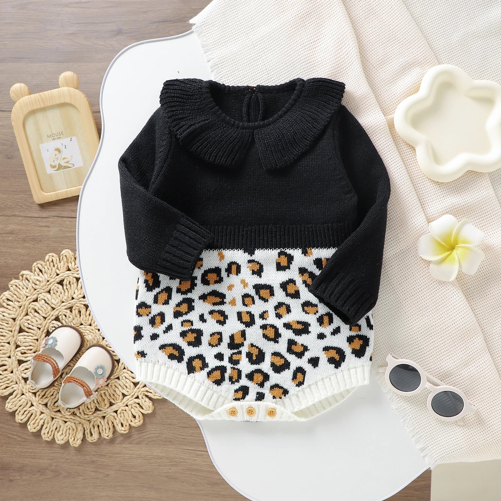 Leopard Print Peter Pan Collar Knit Romper