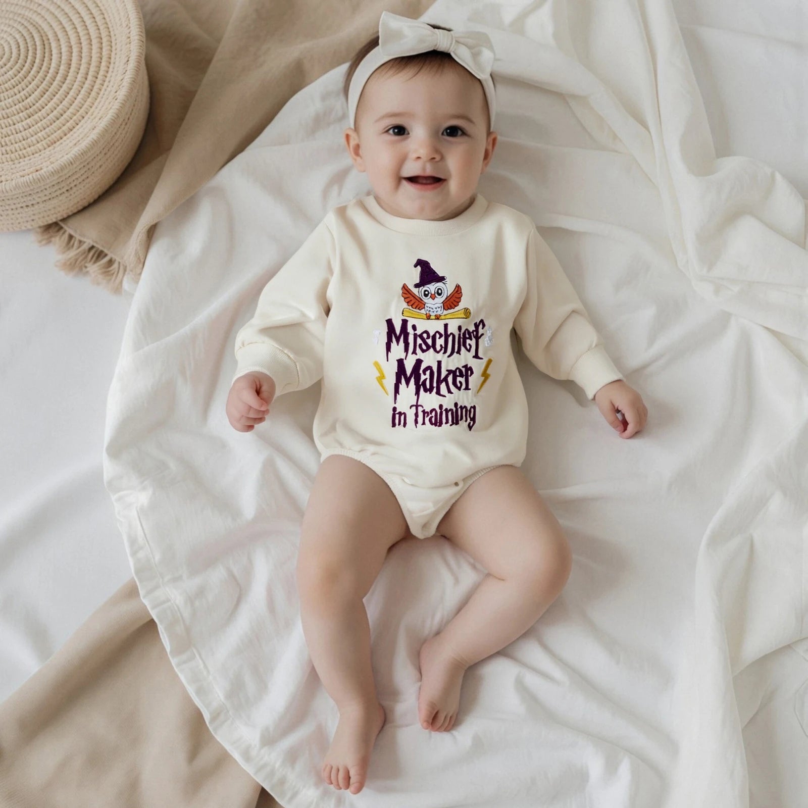 Mischief Maker in Training Embroidery Romper