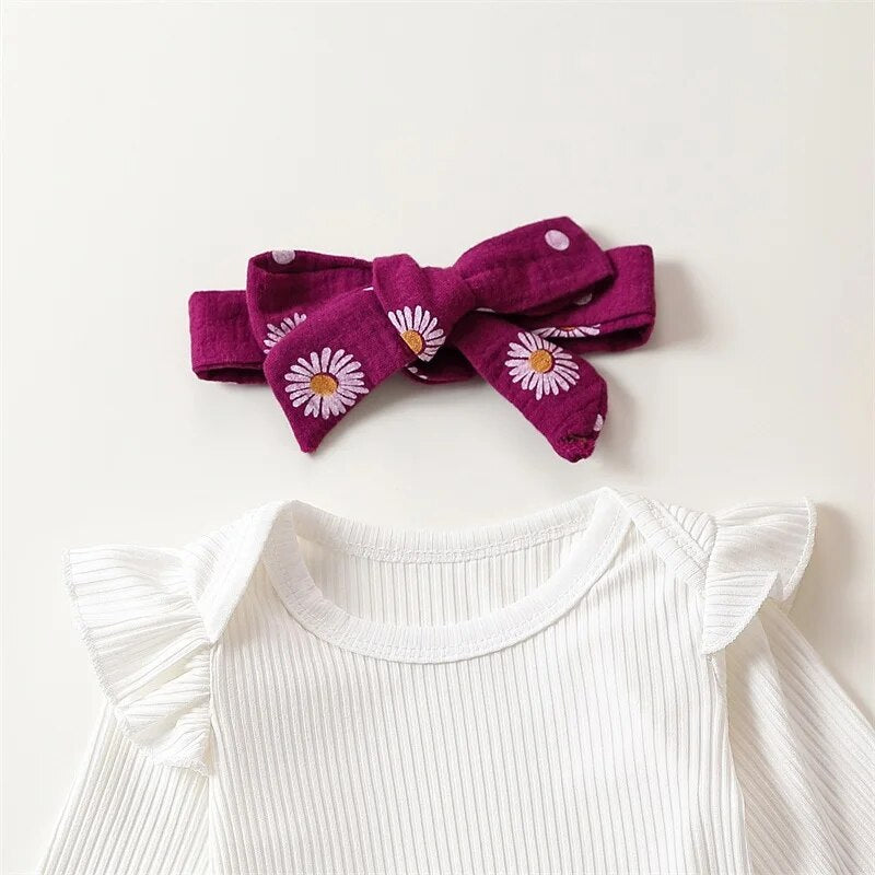 Daisy Print Trousers & Headband + Ruffle Romper Set