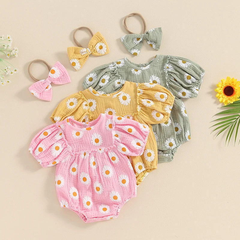 Daisy Print Puff Sleeve Romper & Headband
