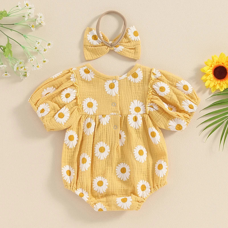 Daisy Print Puff Sleeve Romper & Headband