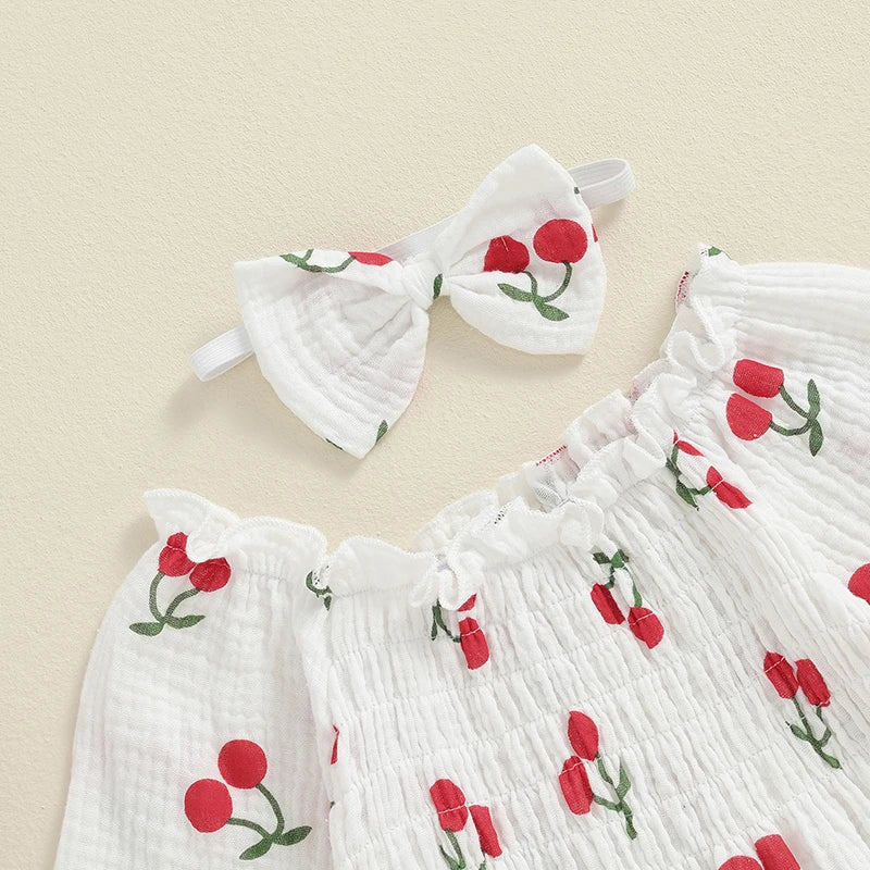 Cherry Print Smocked Romper & Headband