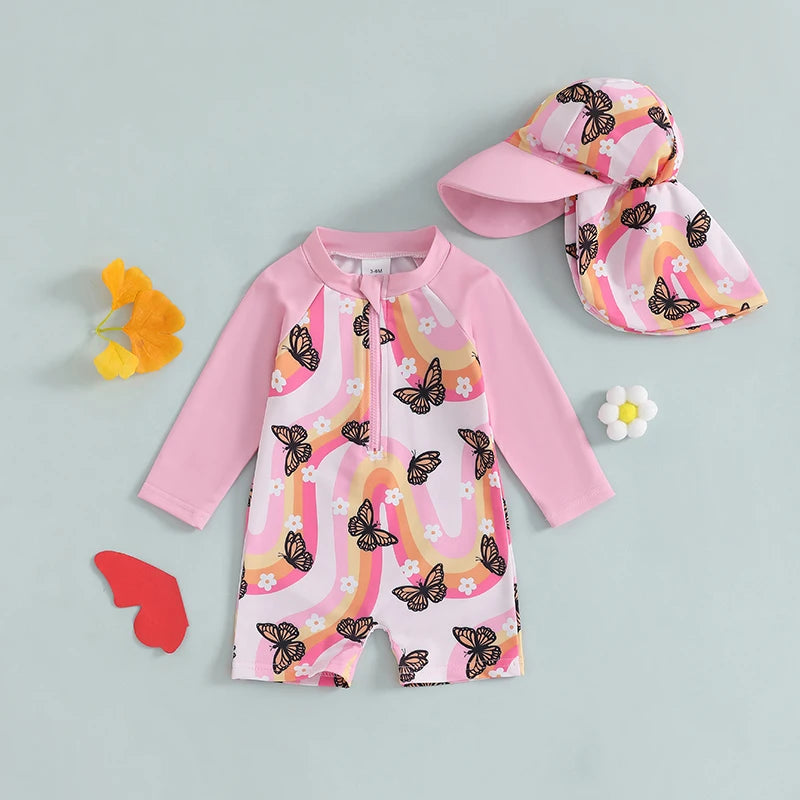 Butterfly Rainbow Print Swimsuit with Hat
