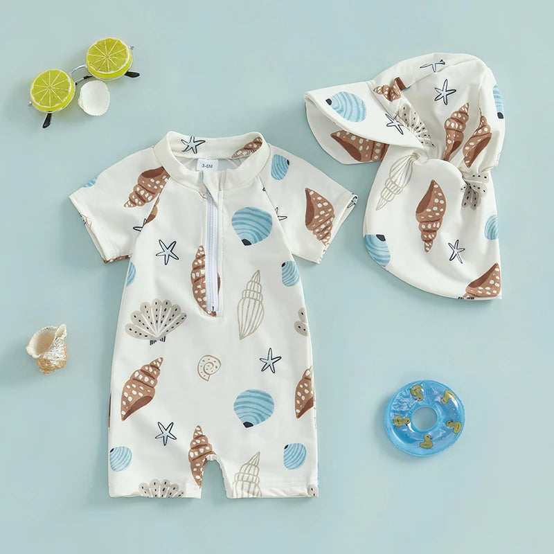 Seashell Print Swimsuit with Hat