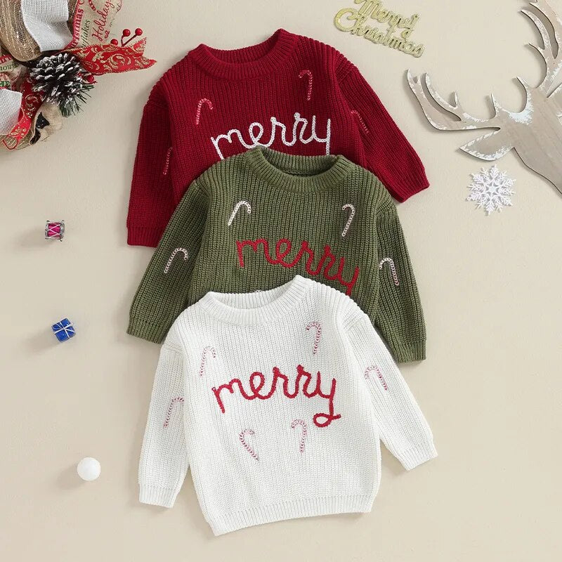 Merry Candy Cane Embroidery Pullover