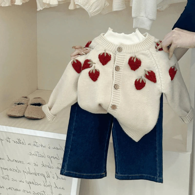 Embroidered 3D Strawberry Cardigan