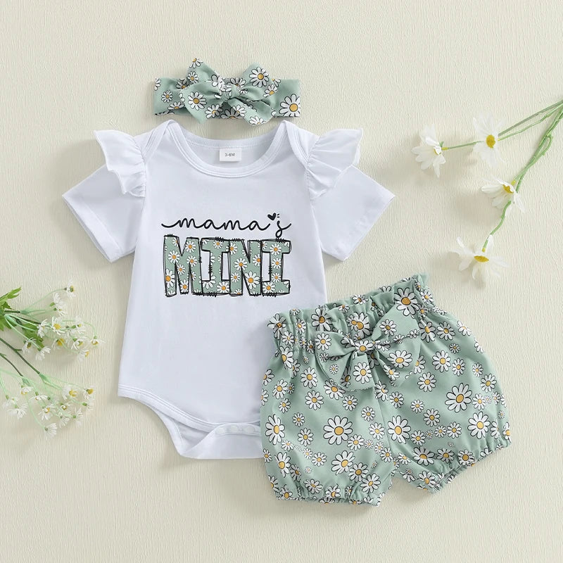 Mama's Mini Daisy Print Romper, Shorts & Headband Set