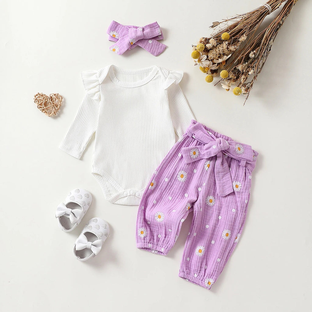 Daisy Print Trousers & Headband + Ruffle Romper Set