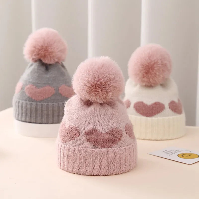 Pom Pom Heart Beanie Hat