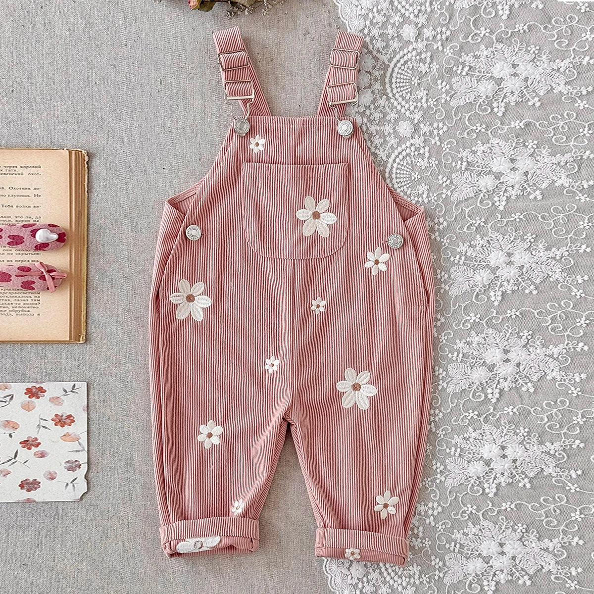 Corduroy Daisy Embroidery Dungarees