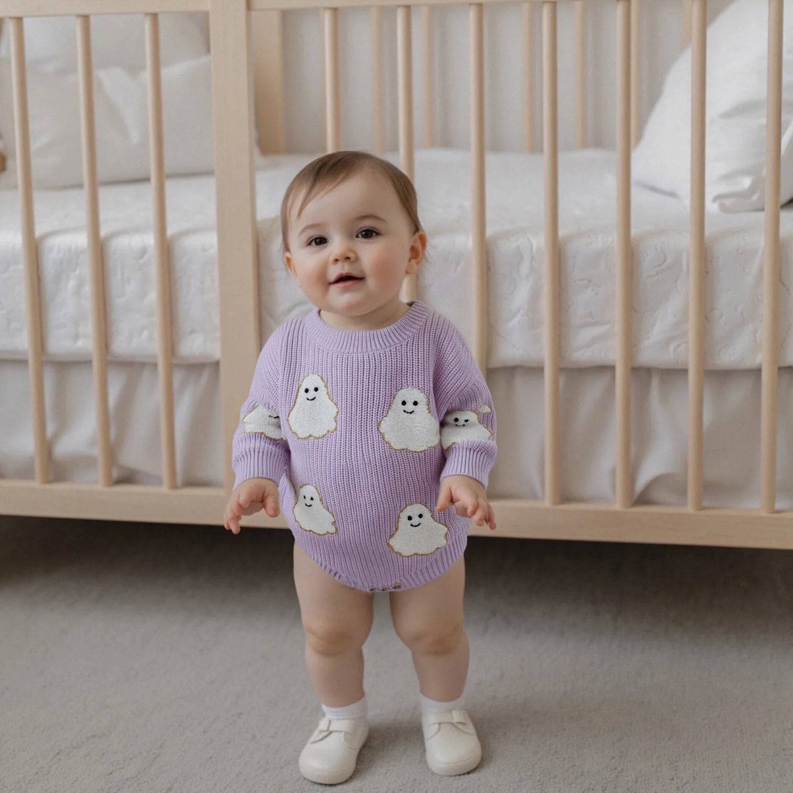 Friendly Ghost Embroidery Knit Romper