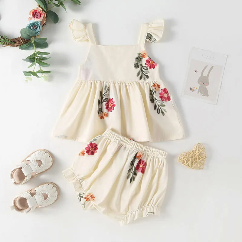 Floral Embroidery Puff Sleeve Romper / Set