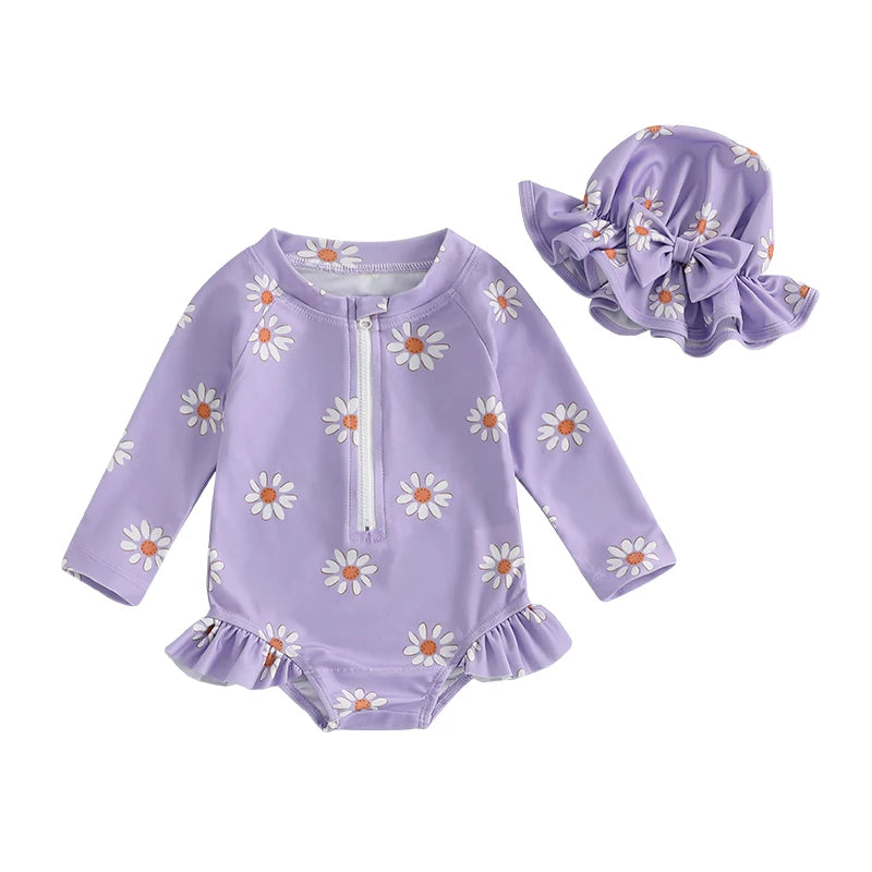 Daisy Print Zip-up Swimsuit and Hat