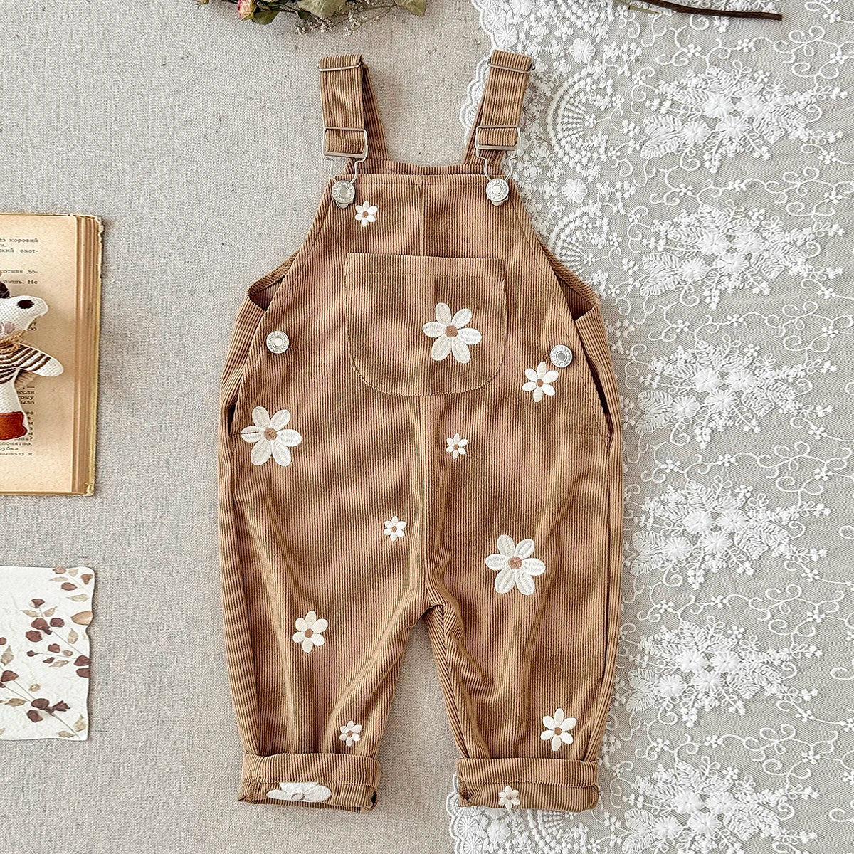 Corduroy Daisy Embroidery Dungarees