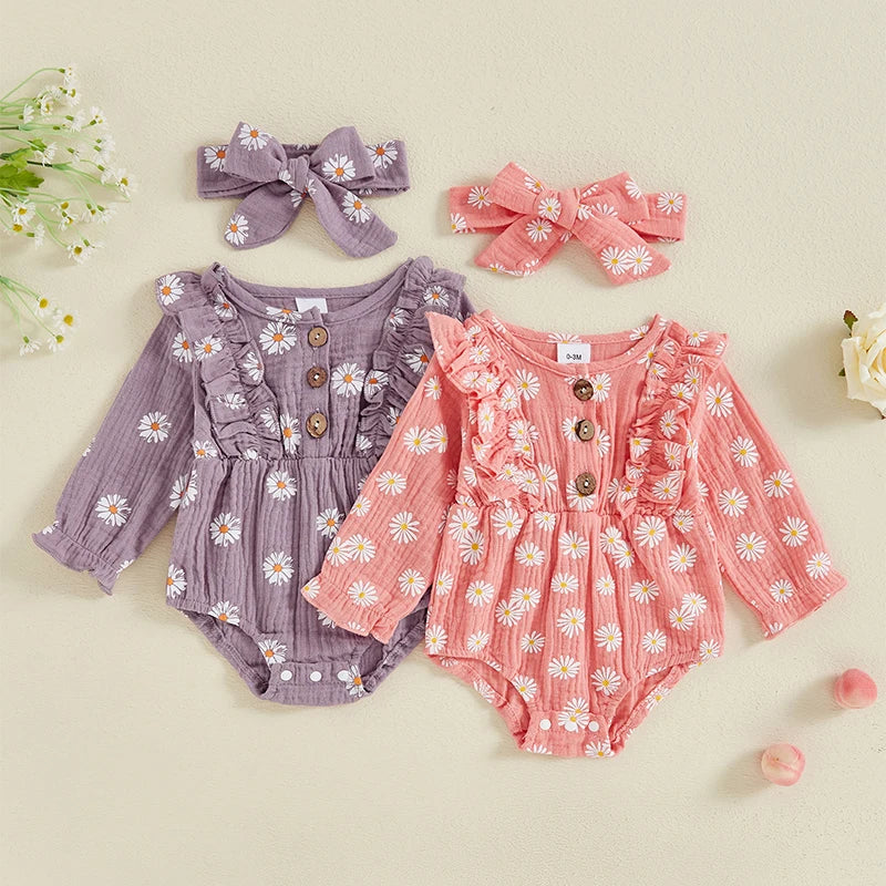 Long Sleeve Daisy Print Ruffle Romper & Headband set