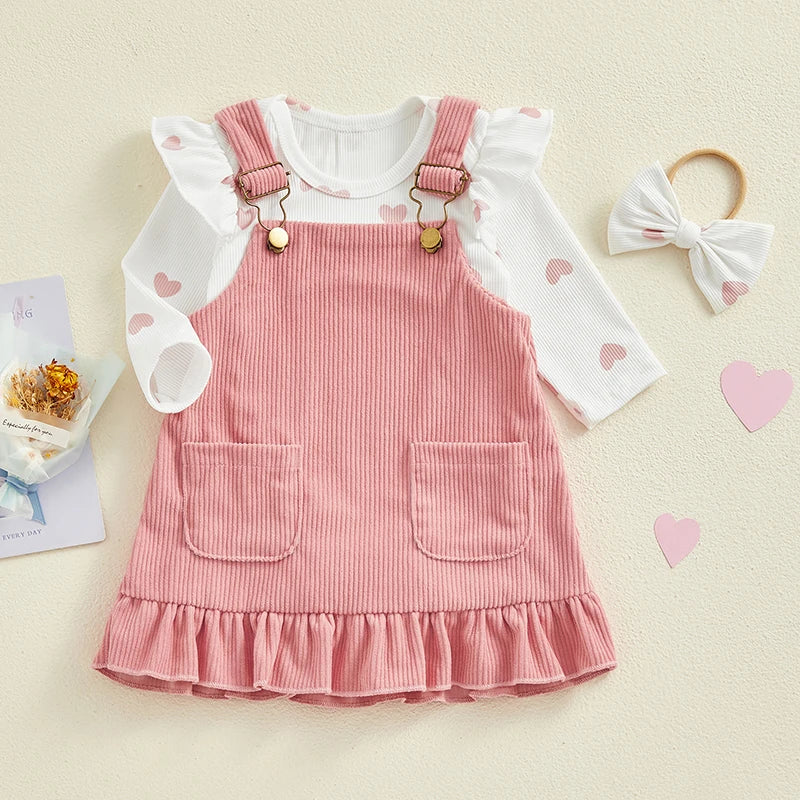 Ribbed Heart Print Romper, Headband & Corduroy Suspender Dress Set
