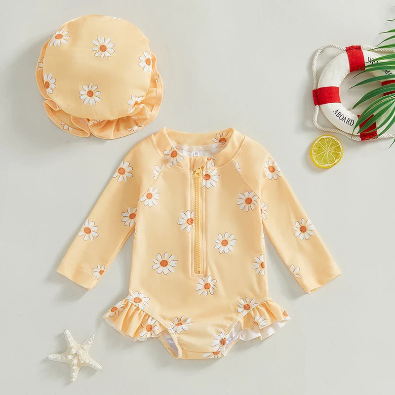 Daisy Print Zip-up Swimsuit and Hat